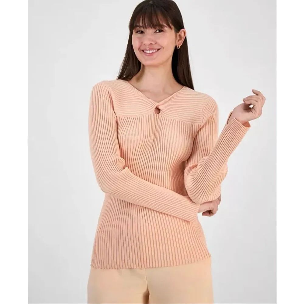 Tahari ASL Ribbed V-Neck Twist-Front Sweater Parfait Large